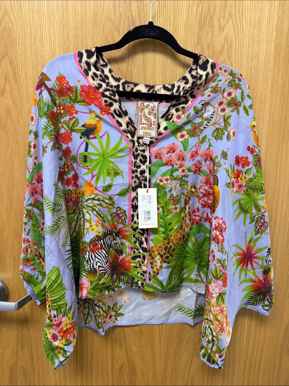 NWT Johnny Was 100% Silk Lavender Tropical Shirt with Leopard Trim - Picture 1 of 11